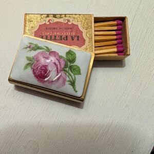 Vintage Floral Matchbox with Hand Painted Pink Rose Design